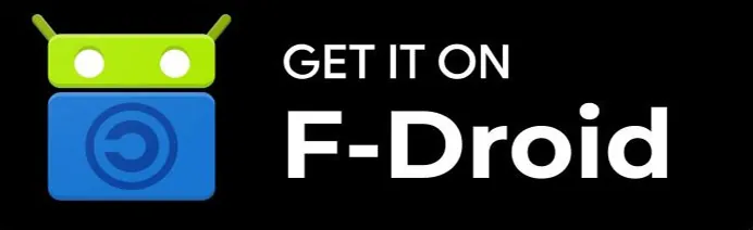 F-Droid app store logo with the text 'GET IT ON F-Droid' on a black background.