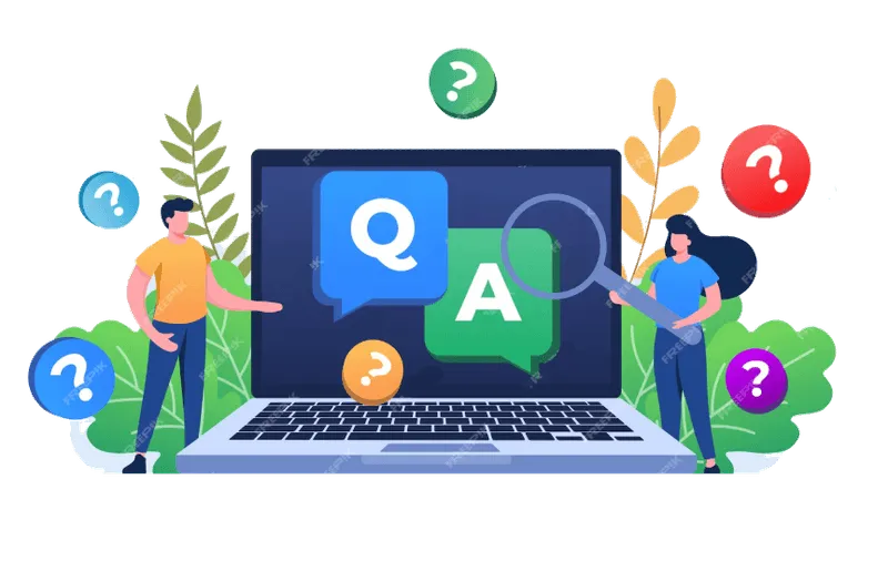 Illustration of a man and woman standing by a laptop displaying question and answer chat bubbles, surrounded by colorful question marks and foliage.